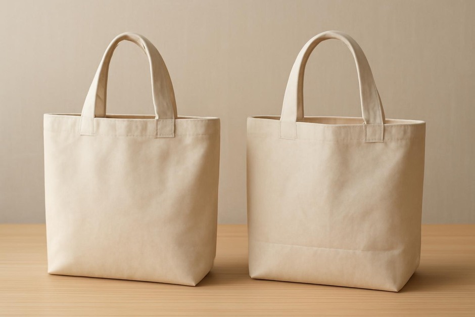 Two handmade fabric tote bags, one flat and one with a boxed bottom, side by side